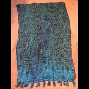 Hand painted batik scarf with fringe and Peacock